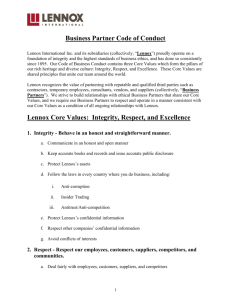 Business Partner Code of Conduct Lennox Core Values: Integrity