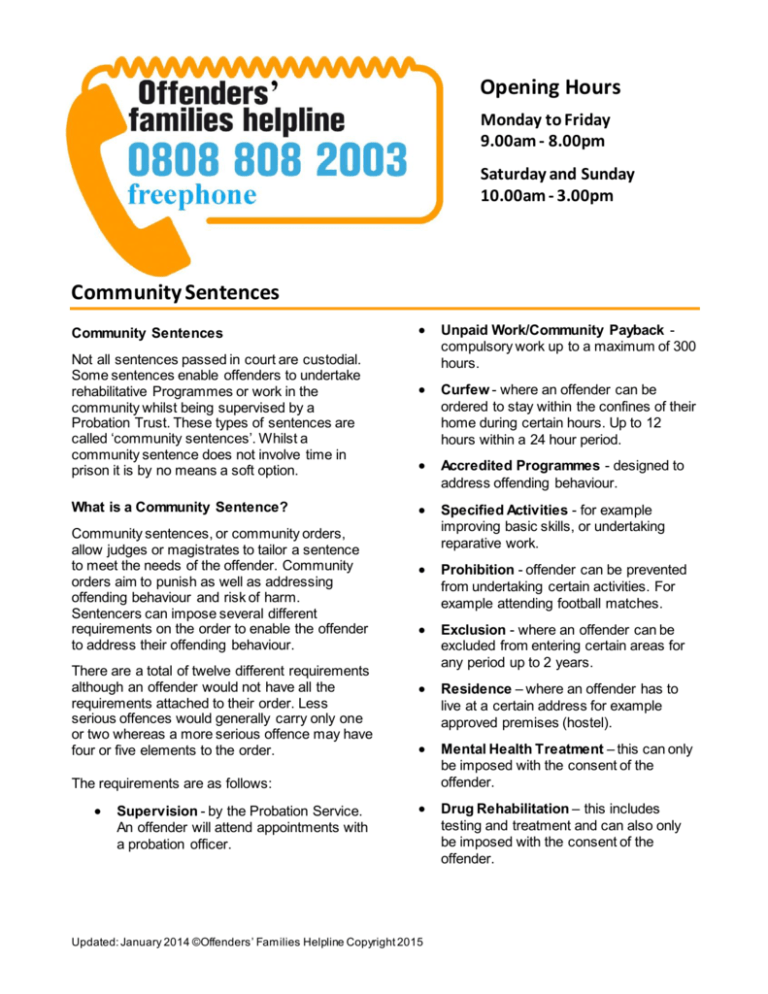 Community Sentences Offenders Families Helpline