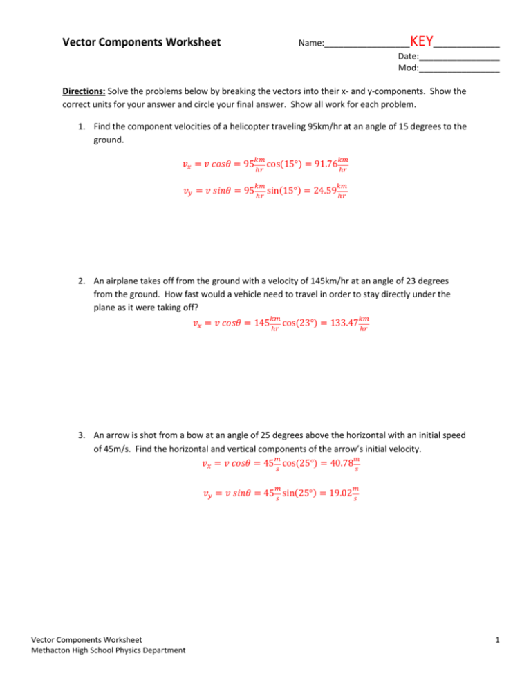 Vector Components Worksheet Physics Problems