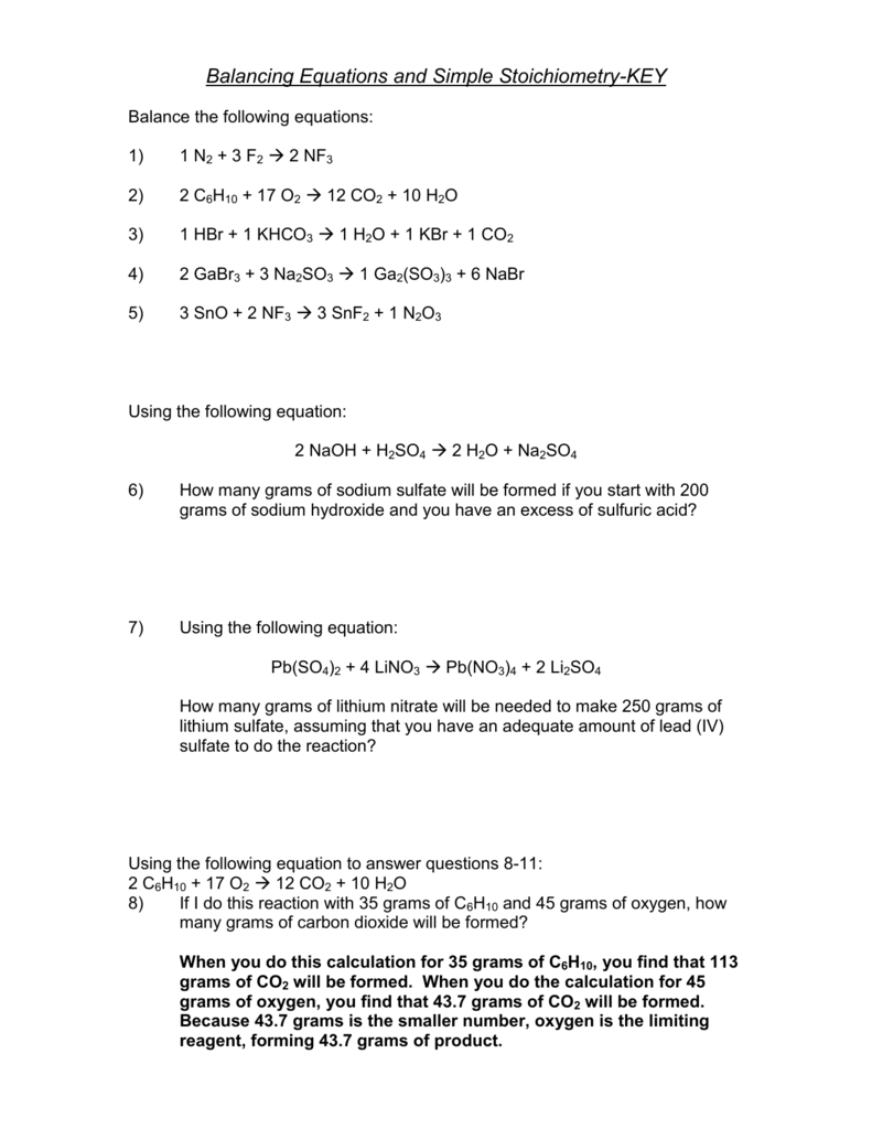 KEY- Solutions for the Stoichiometry Practice Worksheet: Within Stoichiometry Worksheet Answer Key