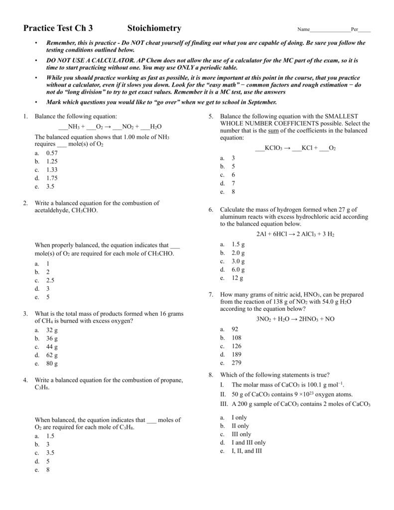 Practice Test Ch 3 Stoichiometry