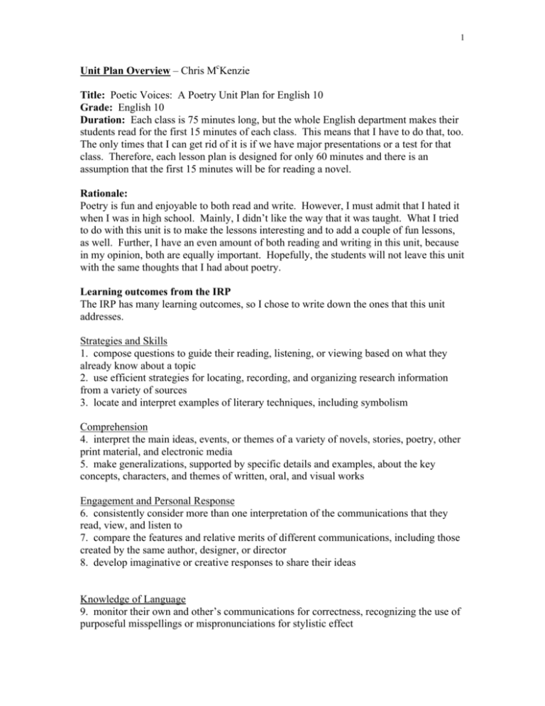 Unit Plan Overview Chris M Kenzie Title Poetic Voices A Poetry