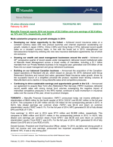 Manulife Financial reports 2014 net income of $3.5 billion and core