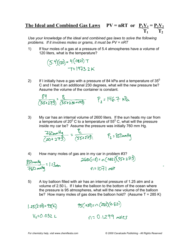 The Ideal and Combined Gas Laws PV = nRT or P22V22 In Ideal Gas Law Worksheet