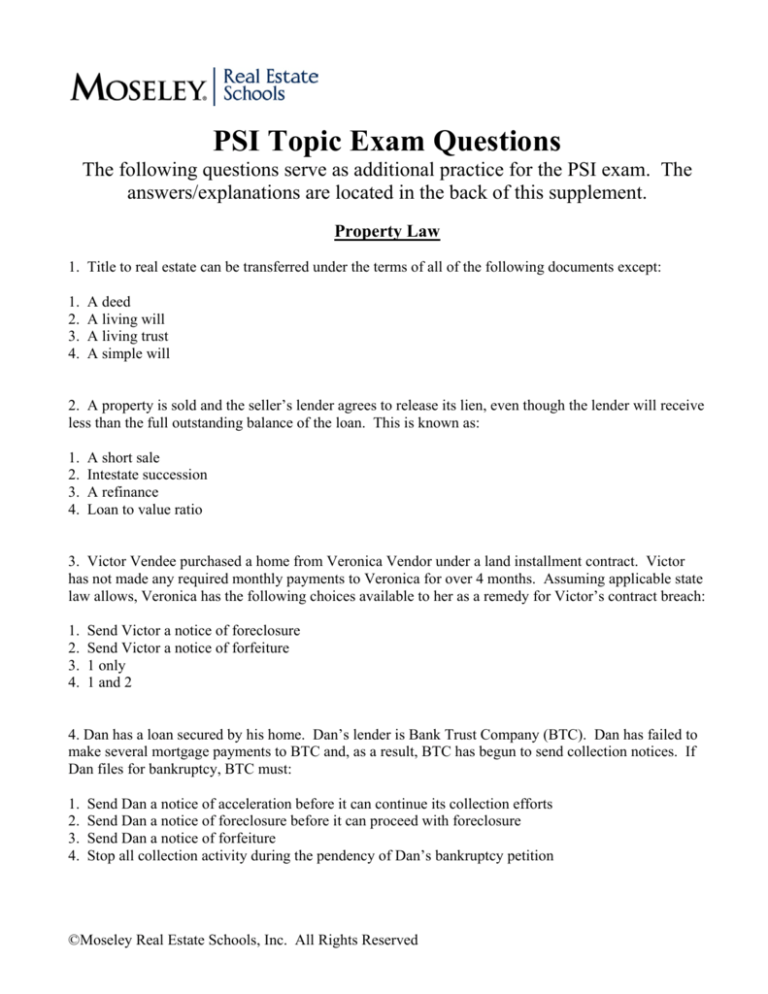 PSI Topic Exam Questions