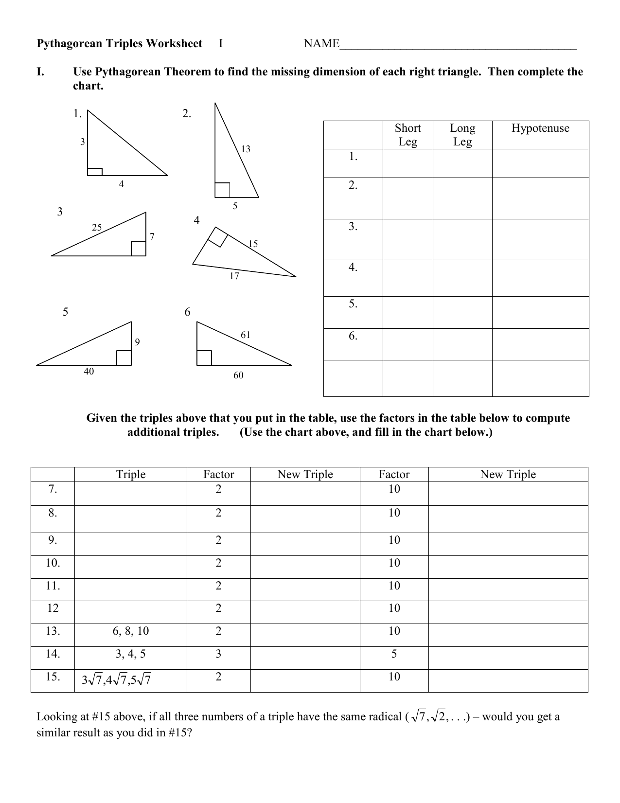 Pythagorean Triples Worksheet I