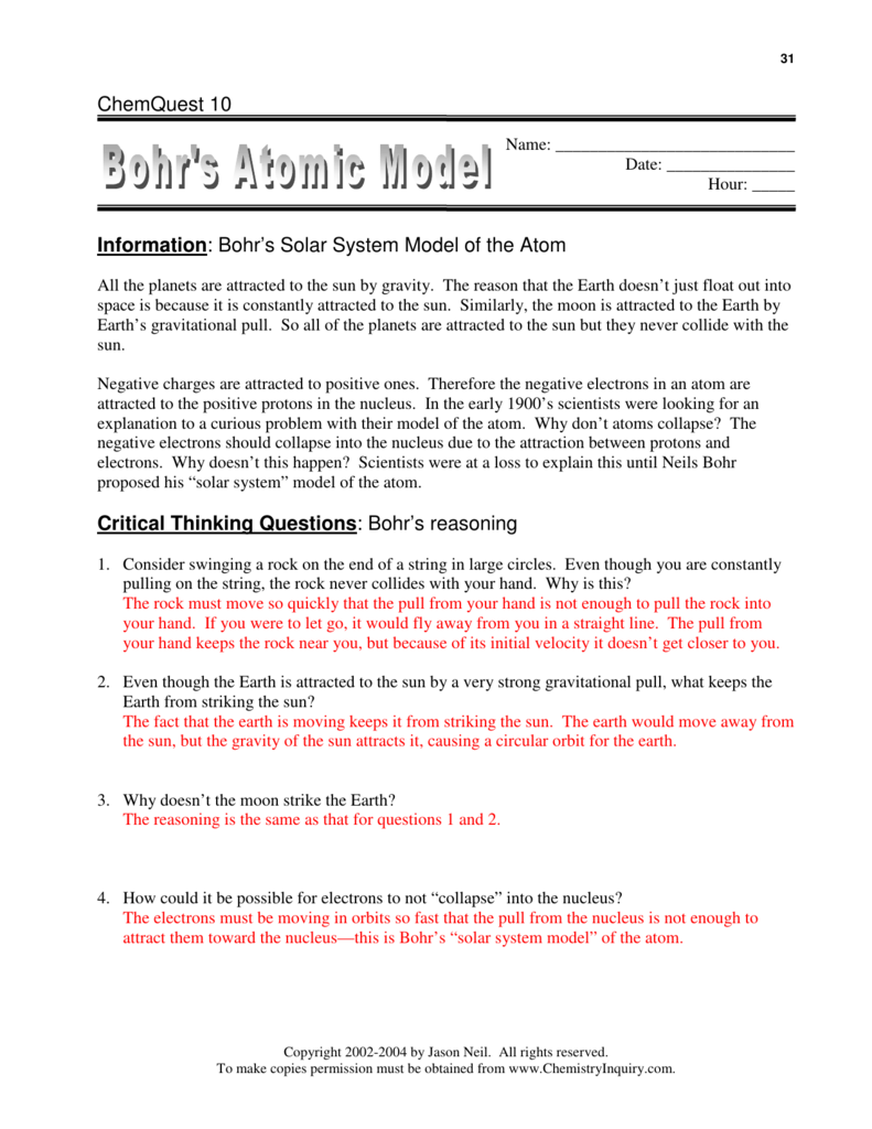 Chemquest 10 Information Bohrs Solar System Model Of The Atom