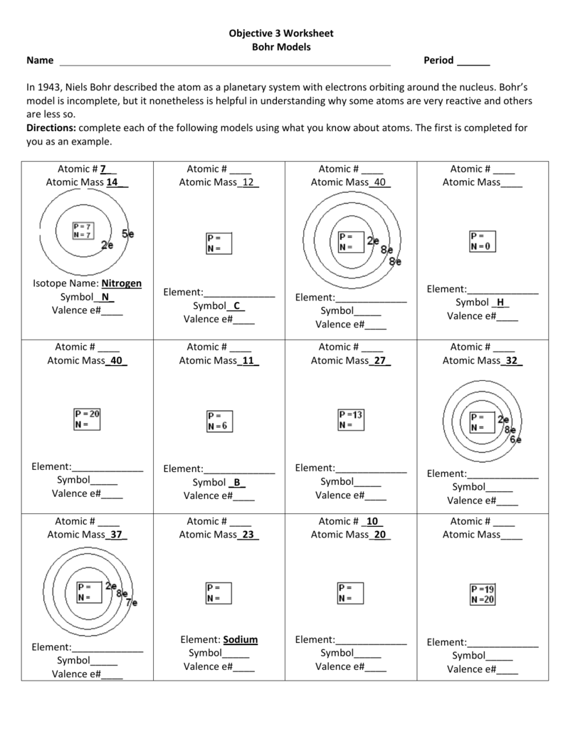 Objective 11 Worksheet Bohr Models Name Period In 19411, Niels Throughout Bohr Model Worksheet Answers