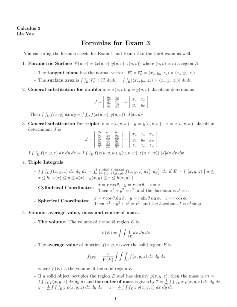 Formulas For Exam 3