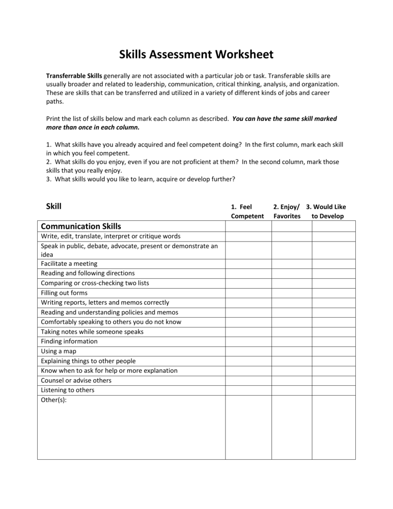 Skills Assessment Worksheet Regarding Job Skills Assessment Worksheet