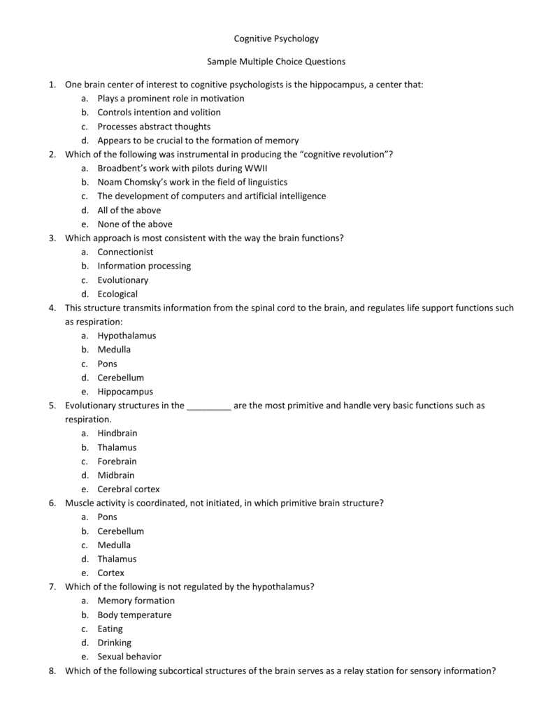 Cognitive Psychology Sample Multiple Choice Questions 1 One