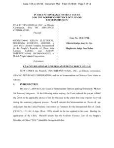 Plaintiff CNA International's Memorandum on Choice of Law, dated