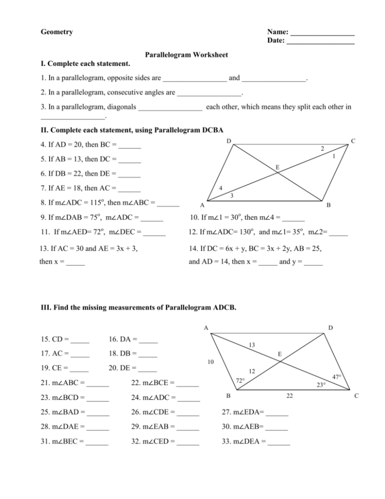Properties Of Parallelogram Worksheet Answers