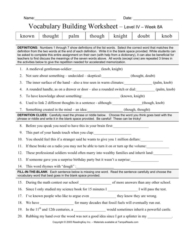 Vocabulary Building Worksheet Level IV Week 8A