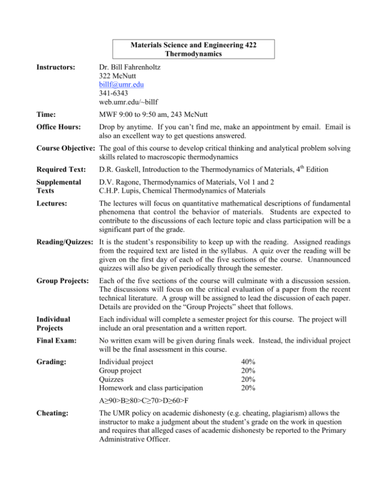 Materials Science and Engineering 422 Thermodynamics Instructors