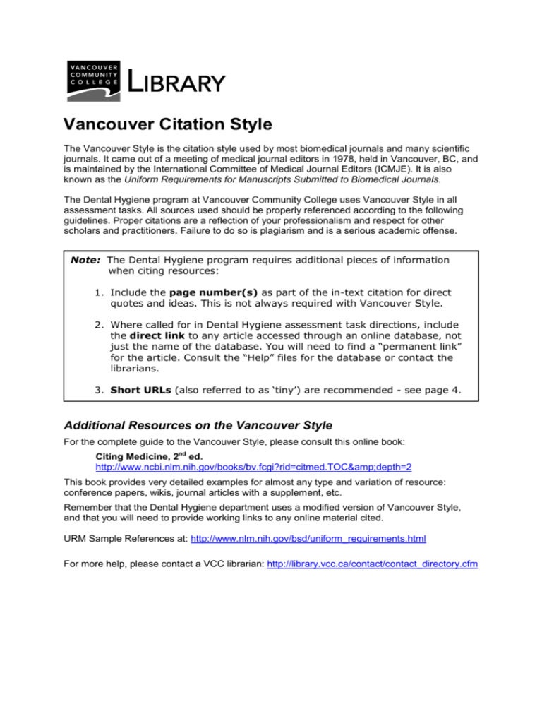 Vancouver Citation Style VCC Library
