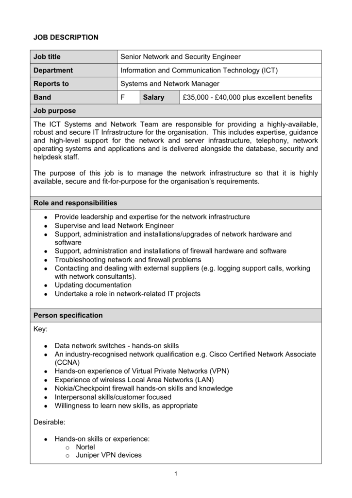 JOB DESCRIPTION Job title Senior Network and Security Engineer