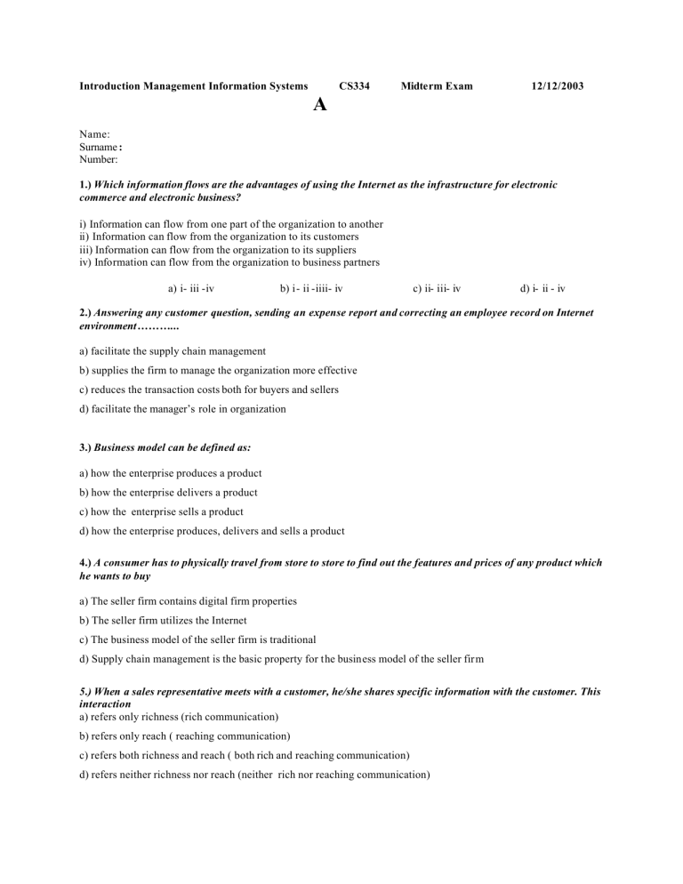 Introduction Management Information Systems CS334 Midterm