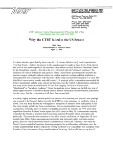 Why the CTBT failed to be ratified in the Senate and what this means
