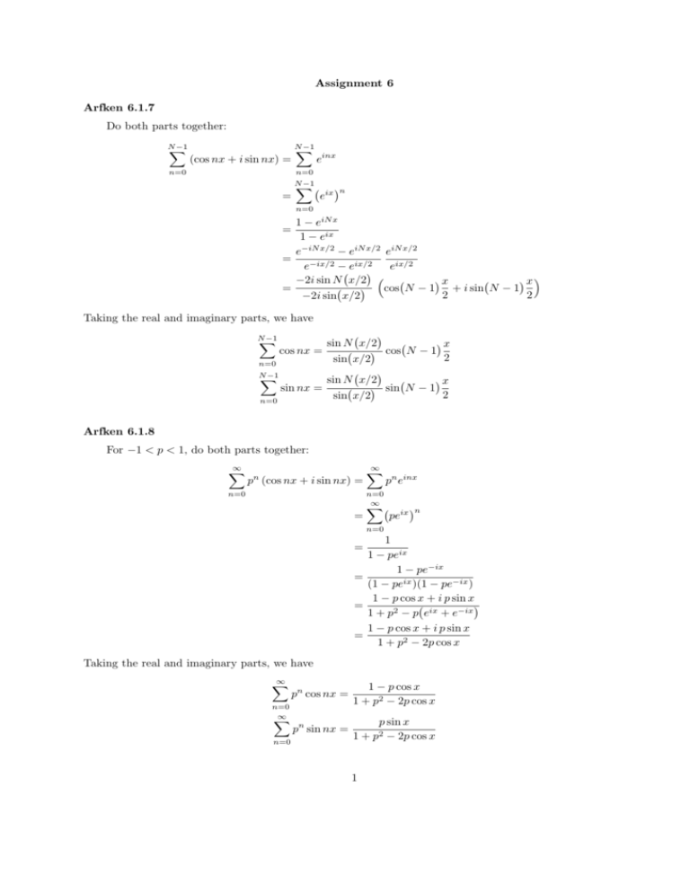 Assignment 6 Arfken 6 1 7 Do Both Parts Together Cos Nx I Sin