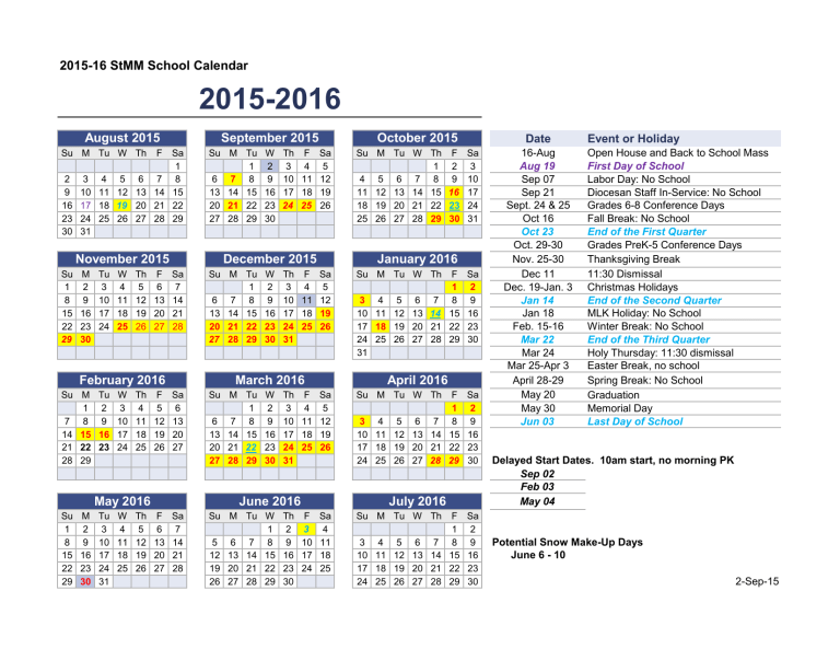15 16 School Calendar