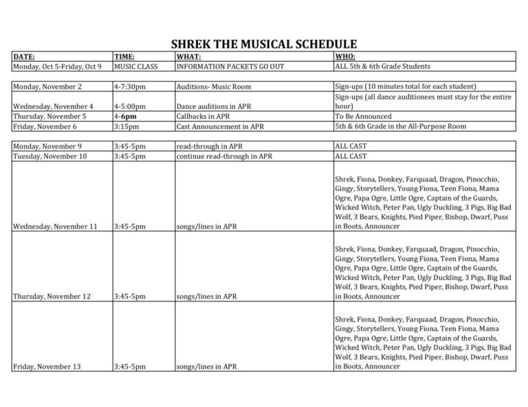 SHREK THE MUSICAL SCHEDULE