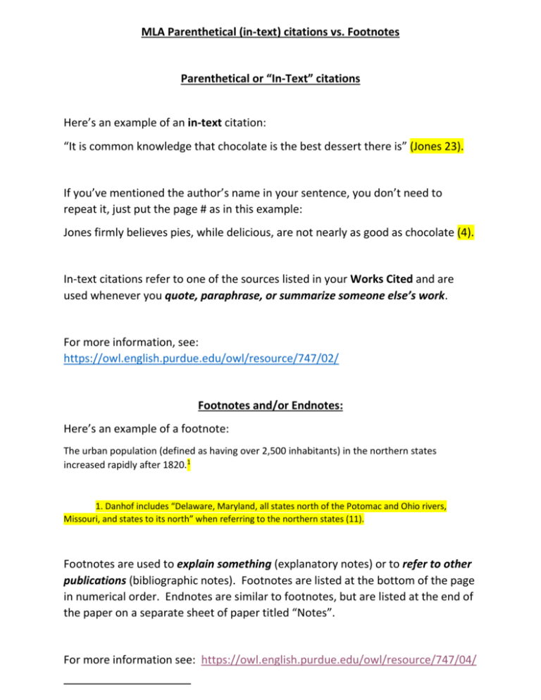 MLA Parenthetical in text Citations Vs Footnotes Parenthetical Or