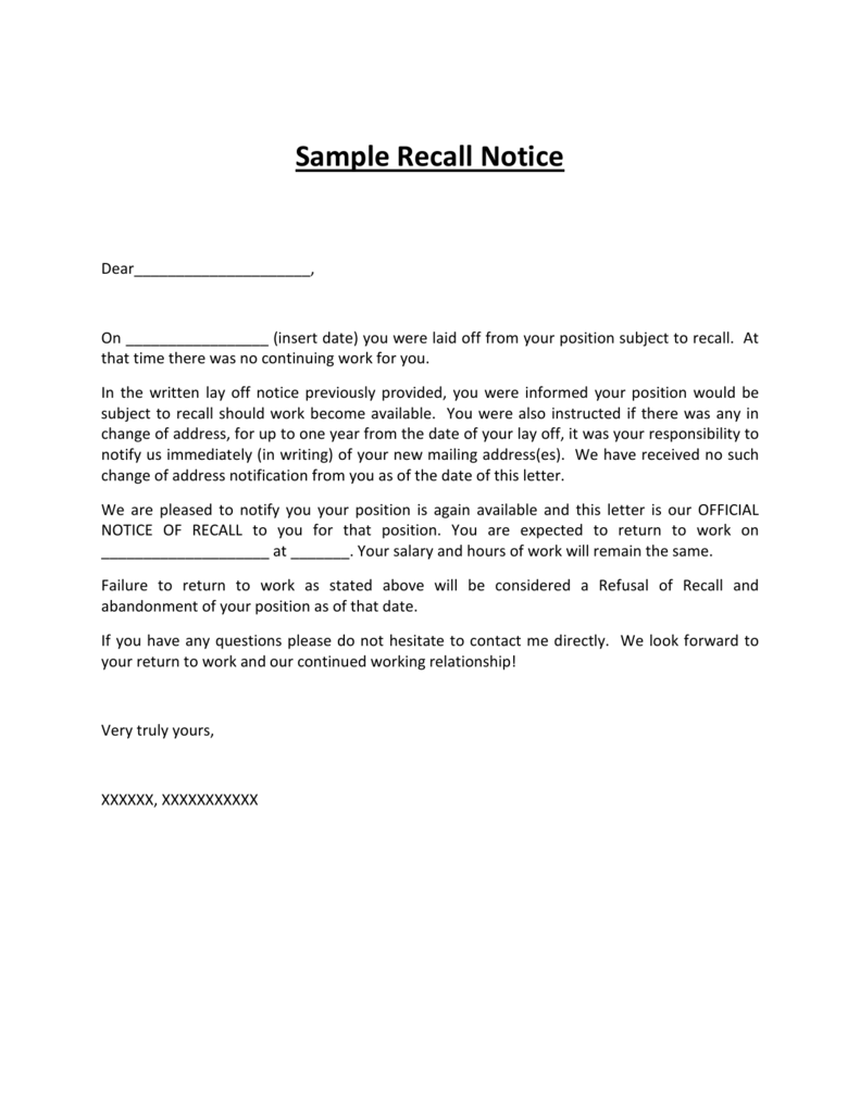 Sample Recall Notice