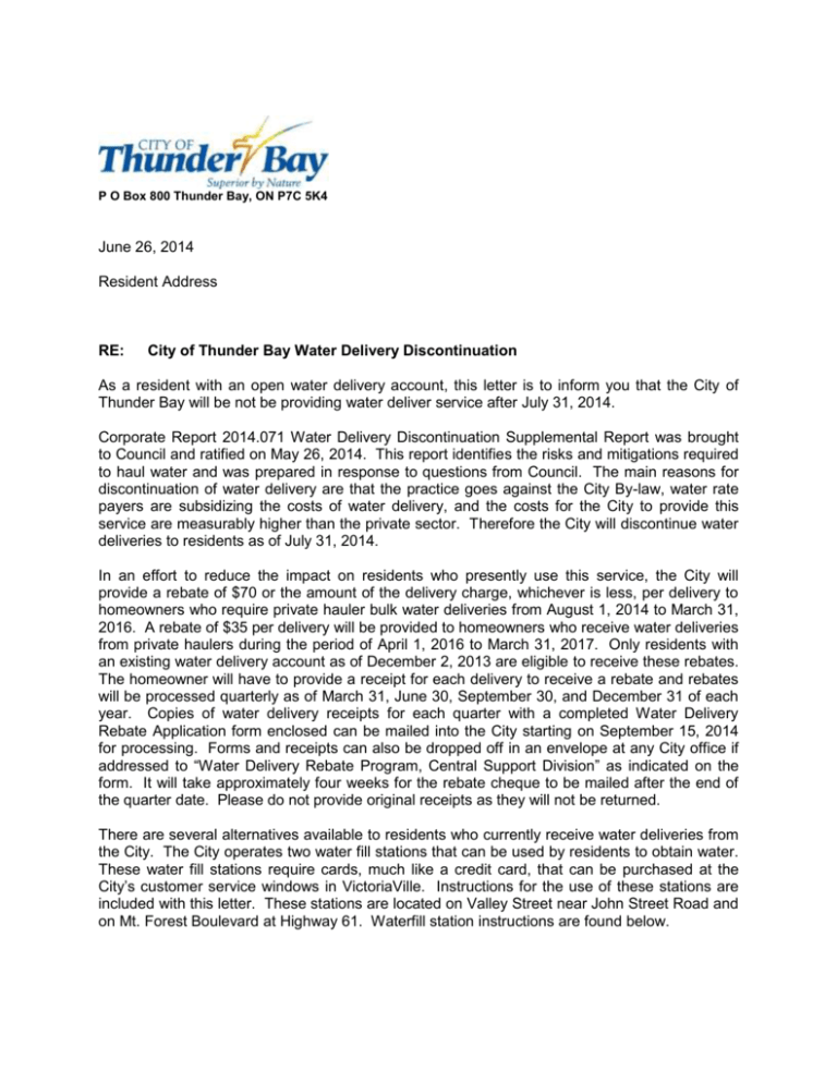 June 26 2014 Resident Address RE City Of Thunder Bay Water