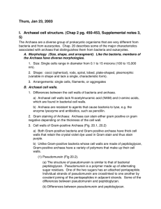 Thurs, Jan 23, 2003 I. Archaeal cell structure. (Chap 2 pg. 450