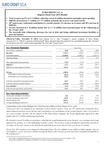 EURO DISNEY S.C.A. Reports Fiscal Year 2012 Results Key