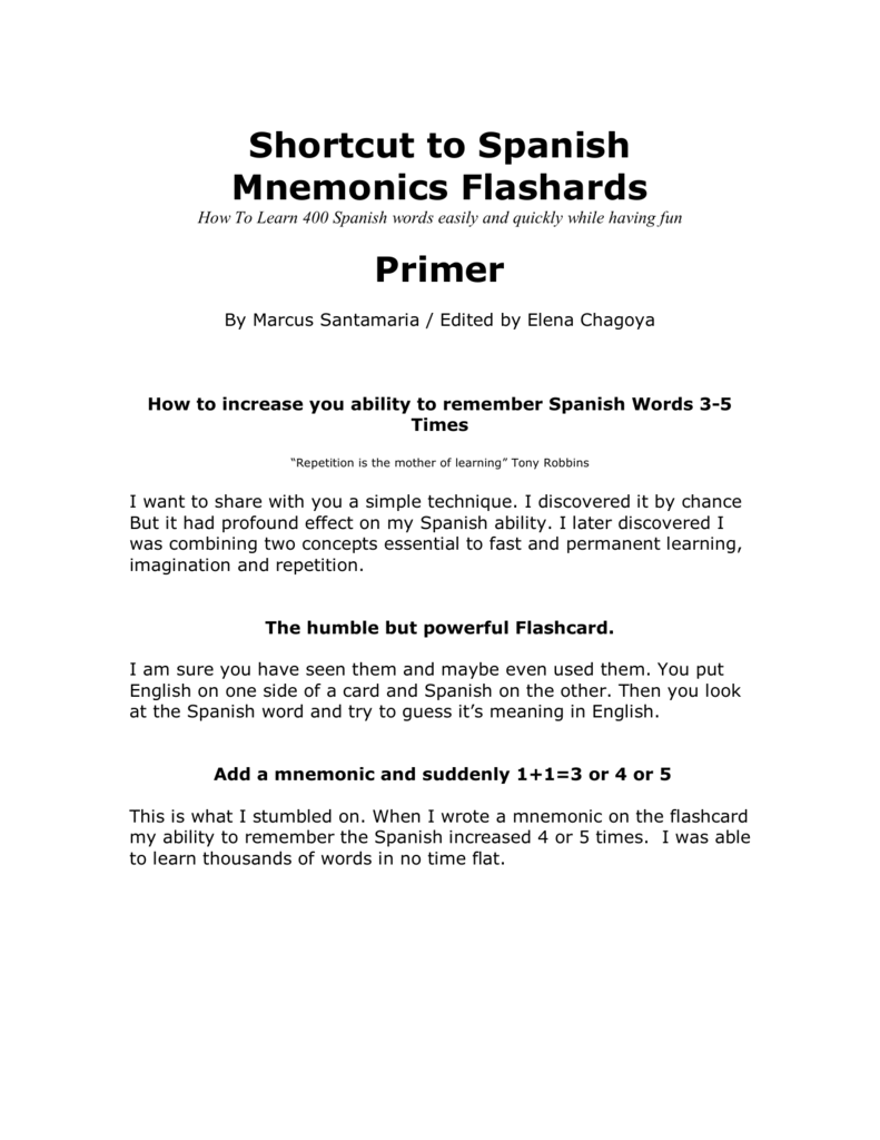 Shortcut to Spanish Mnemonics Flashards