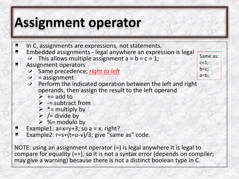 assignment operators in c definition