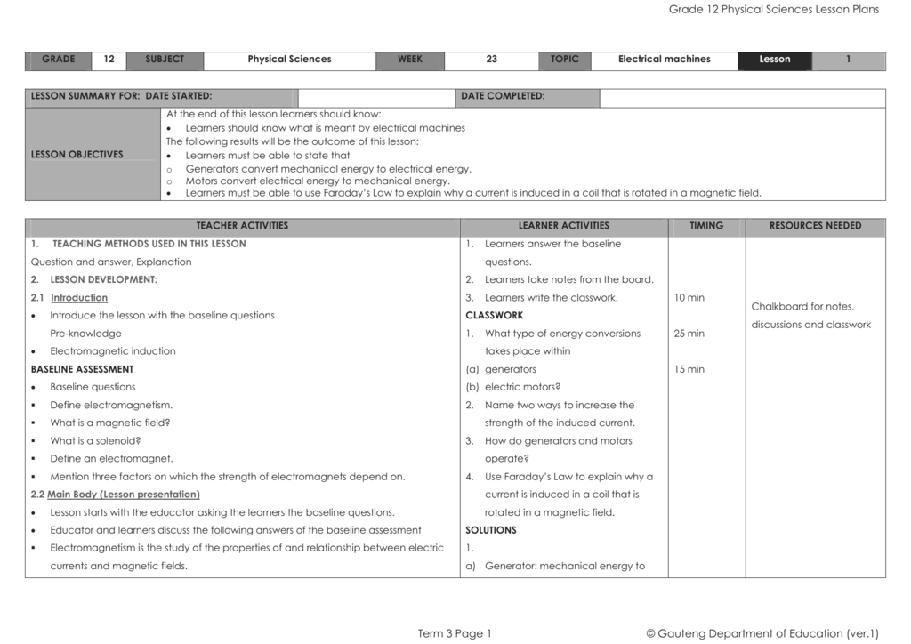 Grade 12 Physical Sciences Lesson Plans Term 3 Page 1 0385