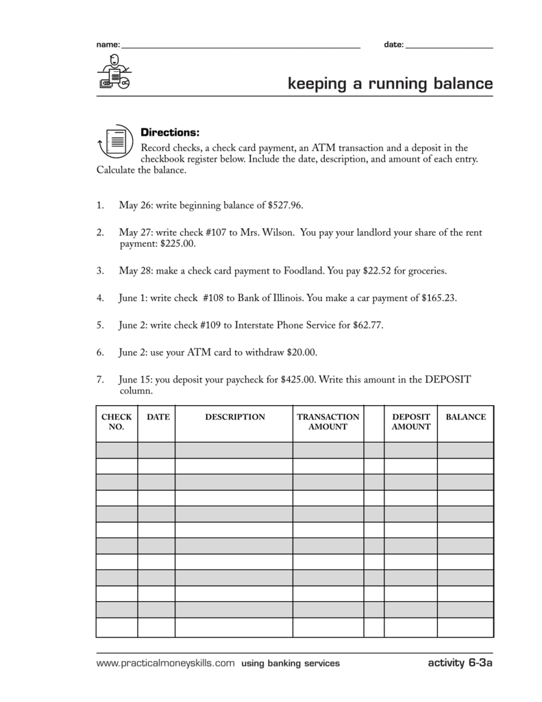 keeping a running balance Inside Checkbook Register Worksheet 1 Answers