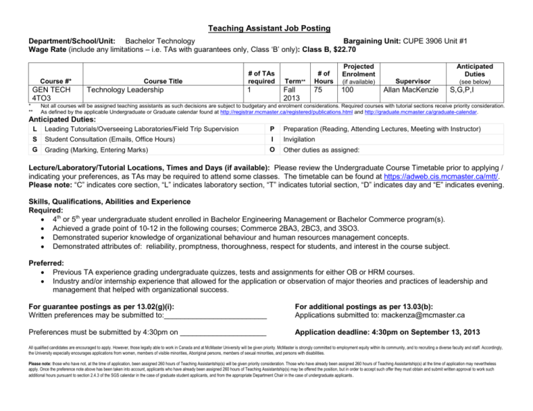 Teaching Assistant Job Posting
