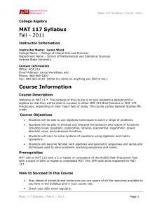 MAT 117 Syllabus Fall - 2011 Course Information