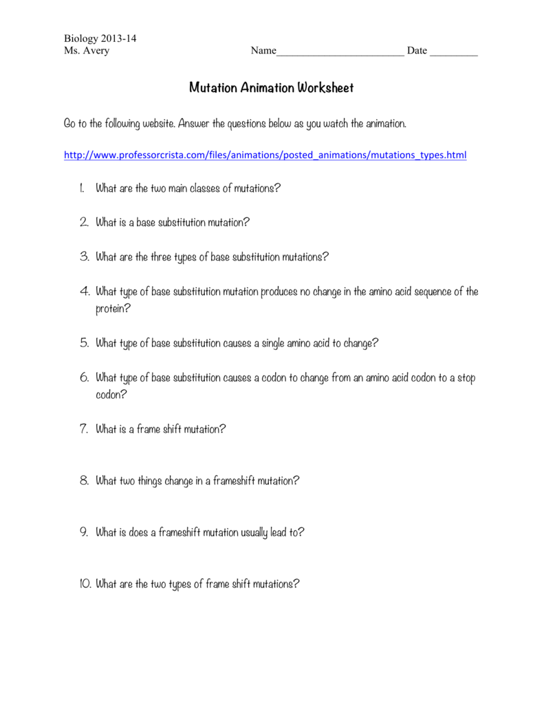 Mutations activity worksheet answer key biology | Mutations Worksheet