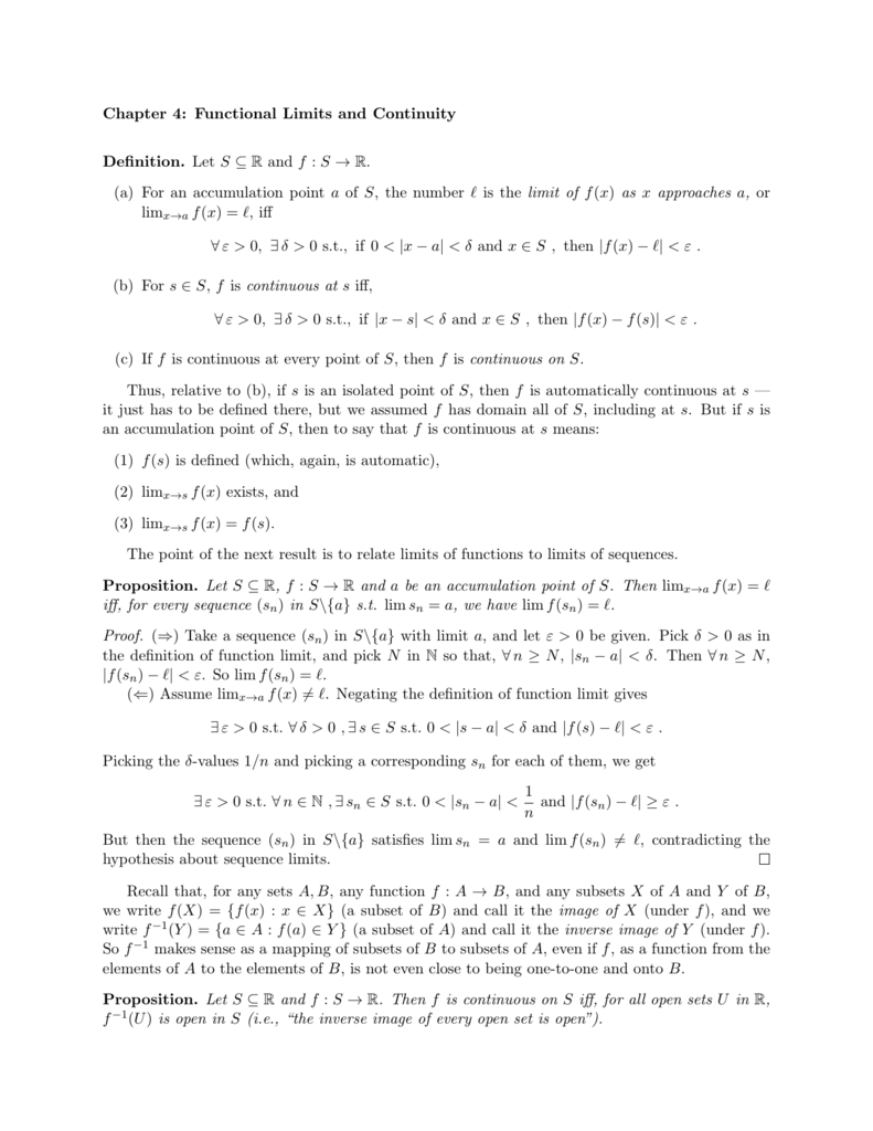 Chapter 4 Functional Limits And Continuity Definition Let S R