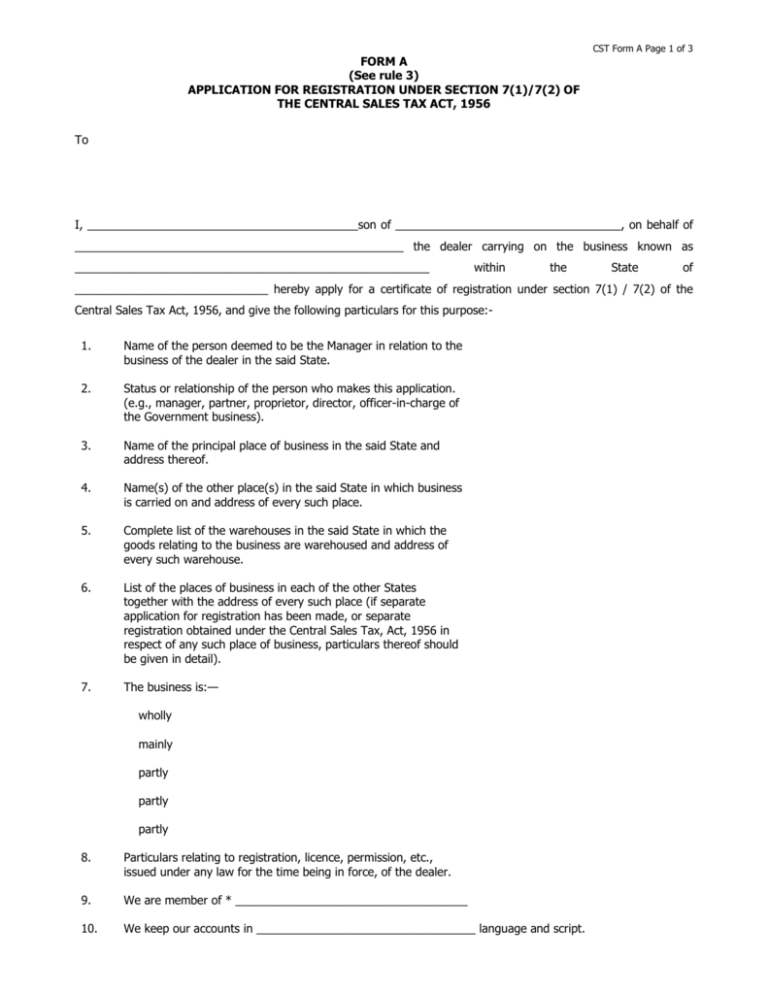 FORM A See Rule 3 APPLICATION FOR REGISTRATION UNDER