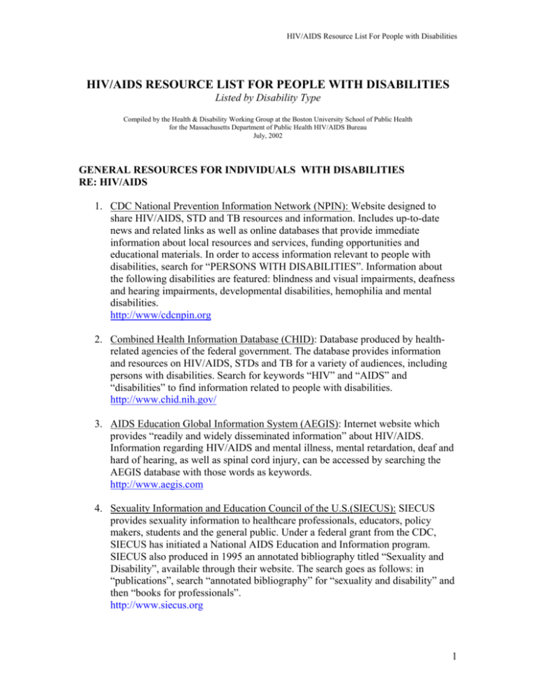 HIVAIDS Resource List For People With Disabilities