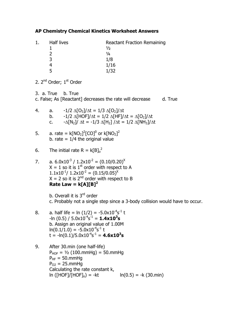 AP Chemistry Chemical Kinetics Worksheet Answers 1 Half Lives