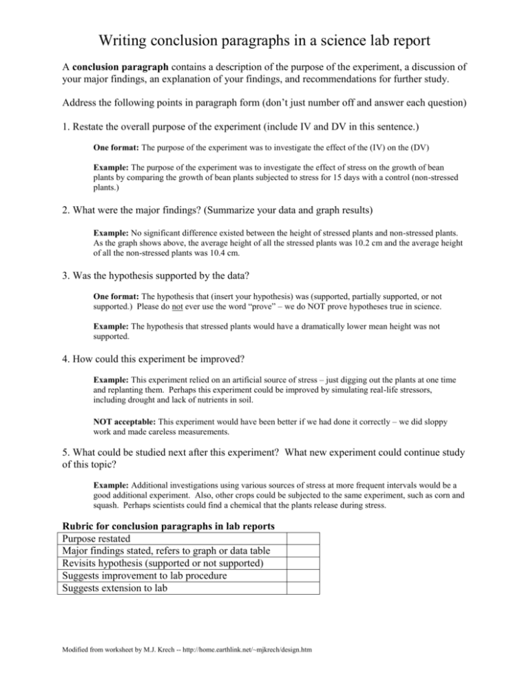Writing Conclusion Paragraphs In A Science Lab Report