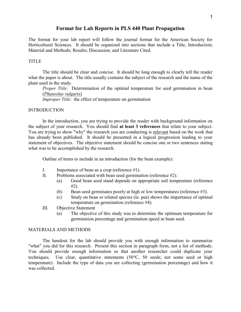 Format For Lab Reports In Pls 440 Plant Propagation