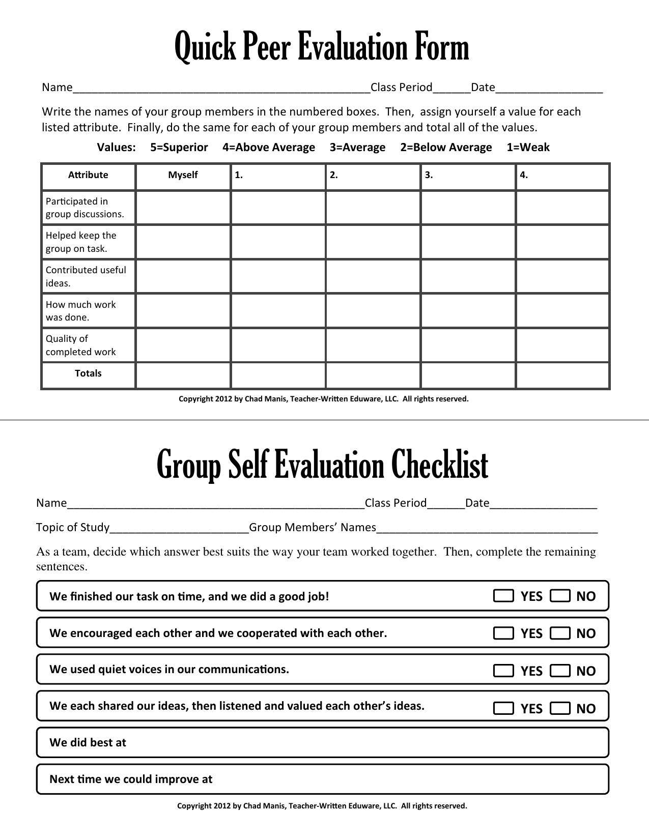 Quick Peer Evaluation Form Group Self Evaluation Checklist