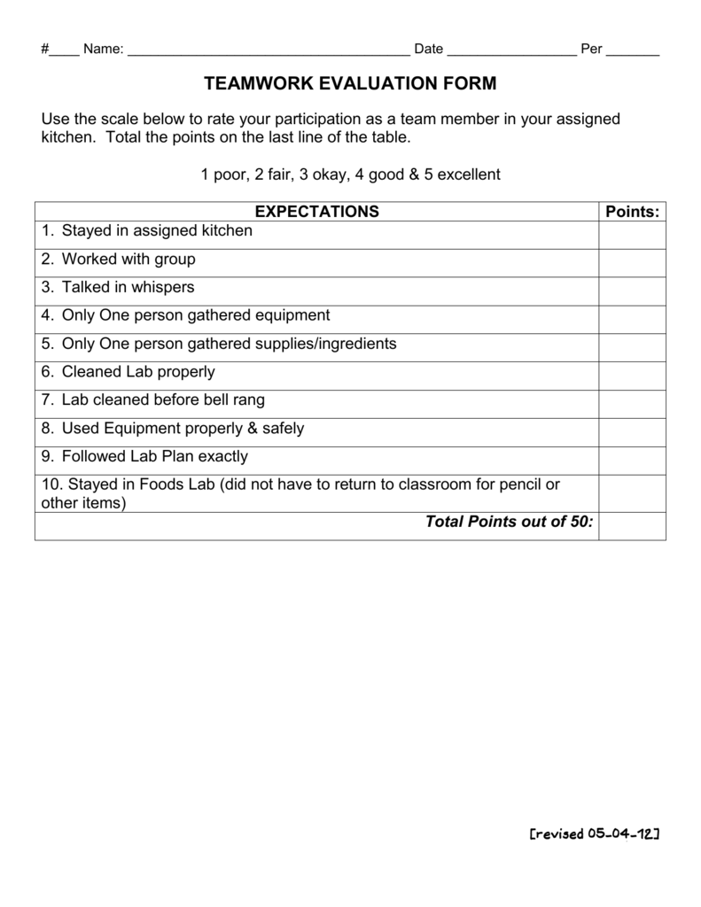 TEAMWORK EVALUATION FORM