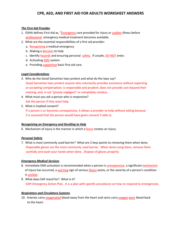 CPR AED AND FIRST AID FOR ADULTS WORKSHEET ANSWERS