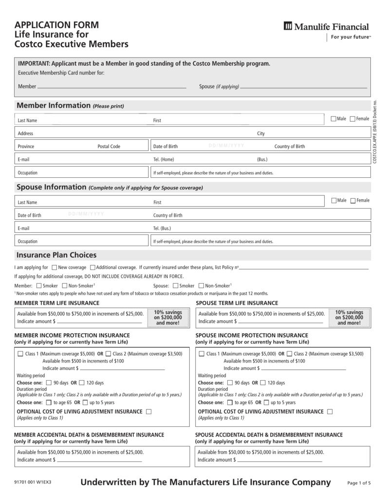 APPLICATION FORM Life Insurance for Costco Executive Members