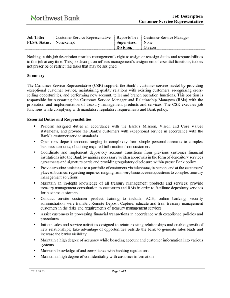 Customer Service Representative Job Description