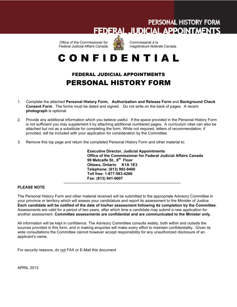 Personal History Form - Office of the Commissioner for Federal